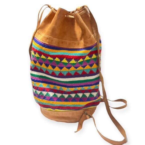 Vintage 90s Traditional Ethnic Leather Knit Drawstring Bucket Bag Multi Unisex - Picture 1 of 10